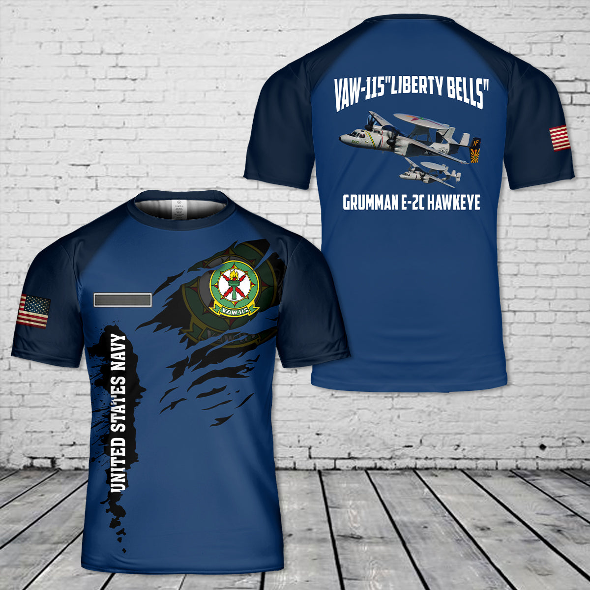 Custom Name US Navy Grumman E-2C Hawkeye Of VAW-115"Liberty Bells" T-Shirt 3D