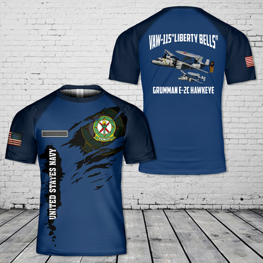 Custom Name US Navy Grumman E-2C Hawkeye Of VAW-115"Liberty Bells" T-Shirt 3D