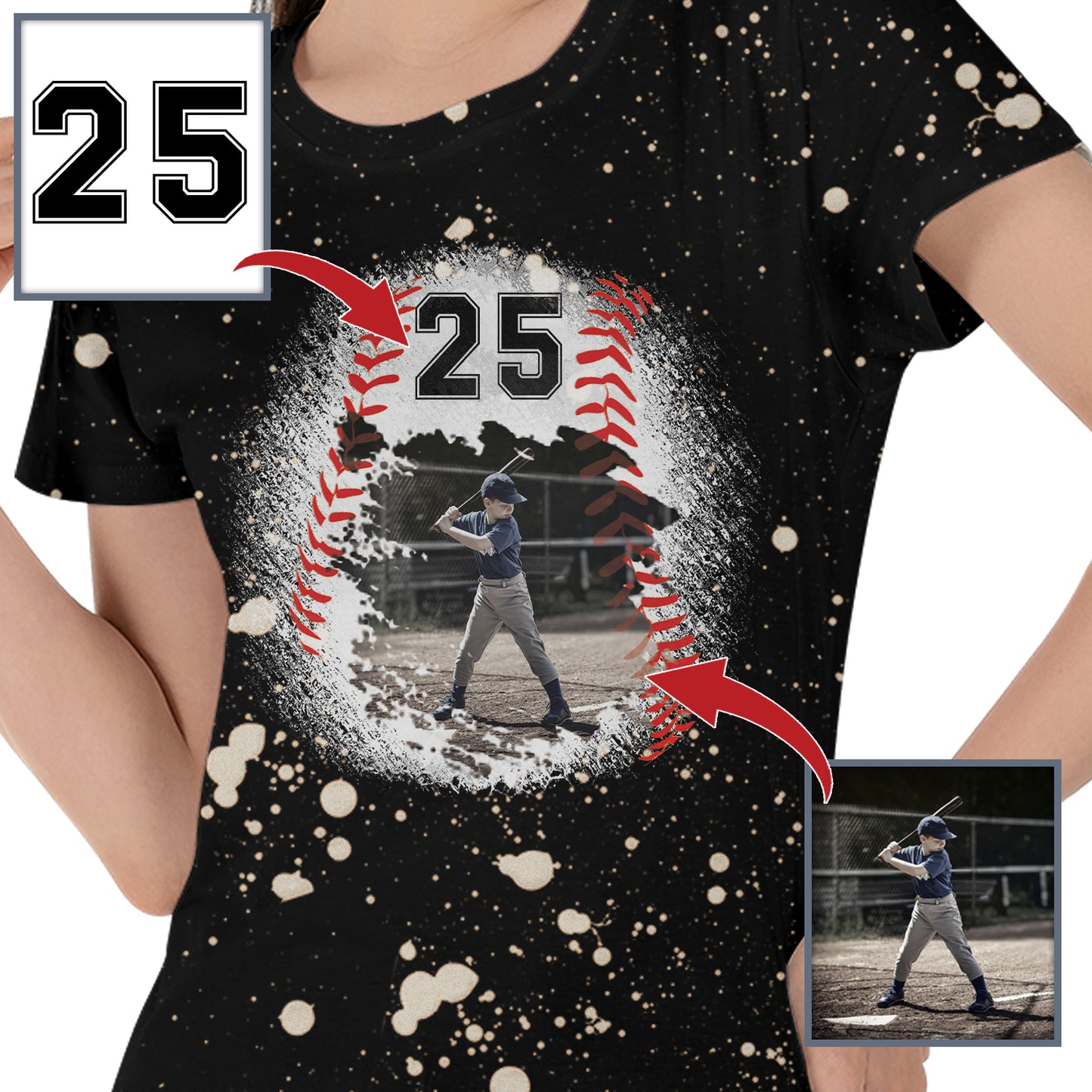 Custom Number & Picture Baseball Bleach Splatter Women’s T-shirt