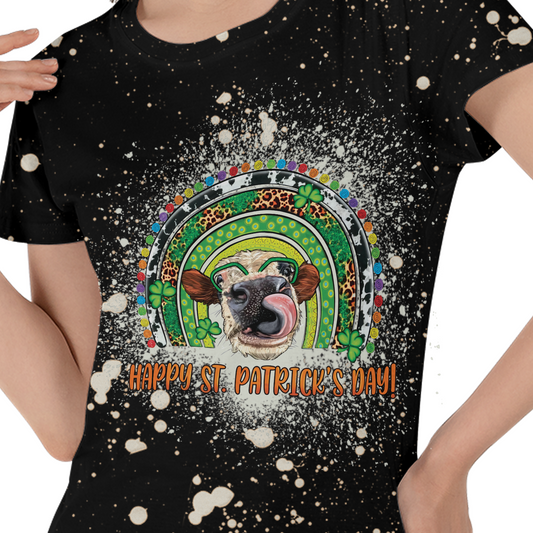 Happy St Patricks Day Heifer Rainbow Bleach Splatter Womens T-shirt