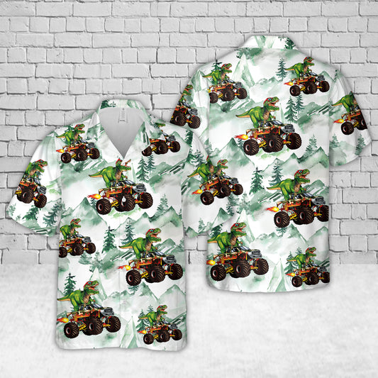 Monster Truck And T-Rex Dinosaur Funny Hawaiian Shirt