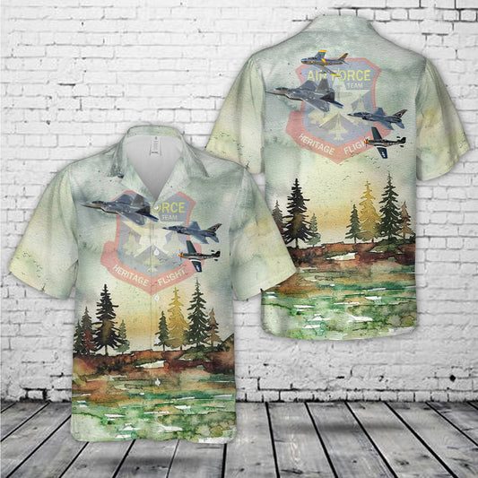 US Air Force Heritage Flight  P-51 F-22 F-35 F-16 A-10 Demo Team Hawaiian Shirt