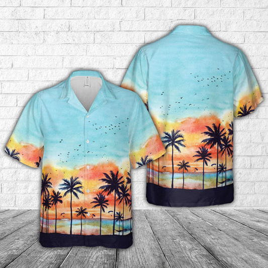 Watercolor tropical landscape with palms Tree Hawaiian Shirt