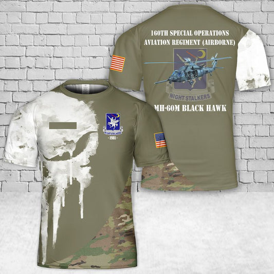 Custom Name US Army 160th Special Operations Aviation Regiment (Airborne) MH-60M Black Hawk T-Shirt 3D