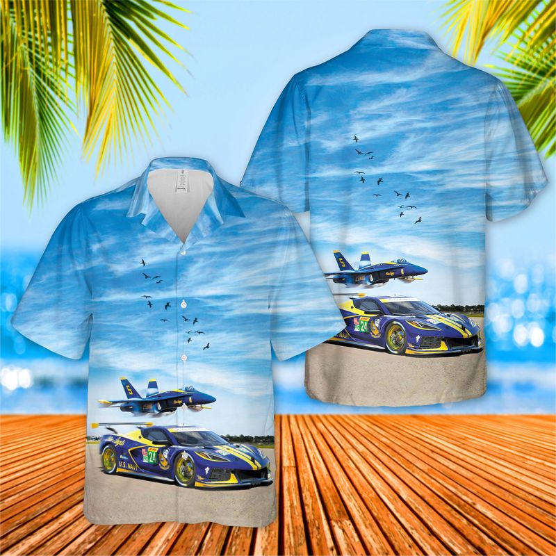 US Navy Blue Angels Chevrolet Corvette C8R GTE Hawaiian Shirt