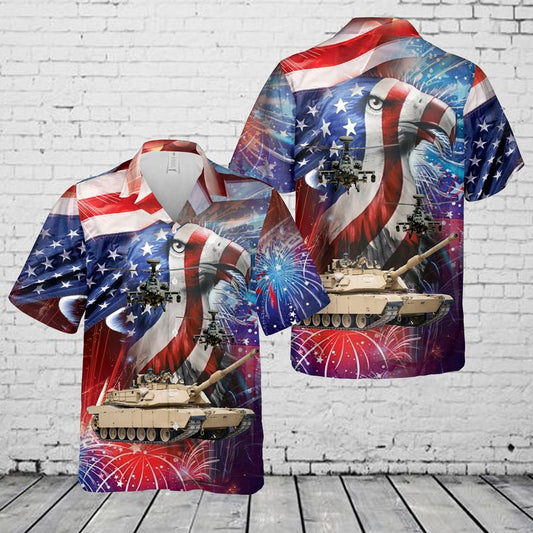 U.S. Army M1 Abrams Main Battle Tank and a AH-64 Attack Helicopter 4th Of July Hawaiian Shirt