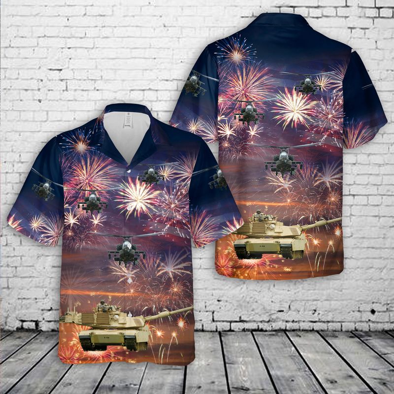 US Army M1 Abrams Main Battle Tank and a AH-64 Attack helicopter Firework Hawaiian Shirt